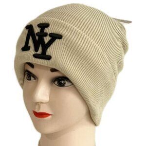 Embroidered NY Men Women Winter Knit Warm Fur lined Beanie Hat - Pale Beige